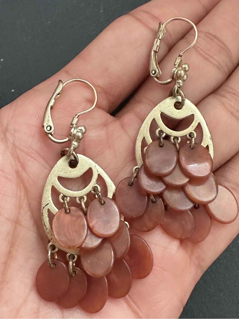 Gold-Tone Chandelier Earrings with Brown Dangle Discs